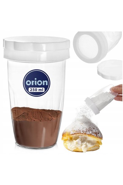 Orion Recipient dozator cu sita densa si capac, 250 ml, 7x11 cm, sticla, tran...