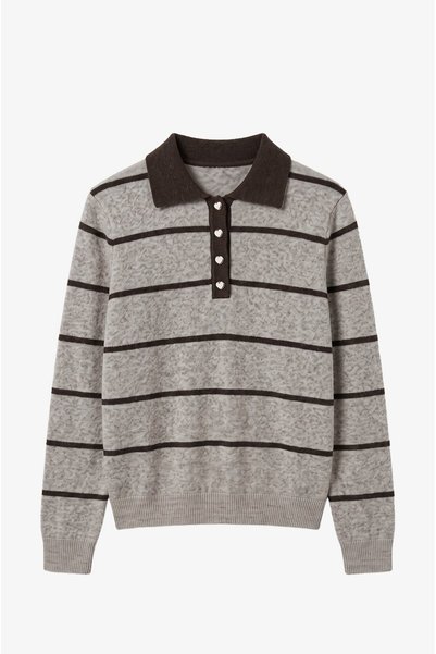 Havoş Light Beige Striped Sweater with Heart Buttons on the Collar