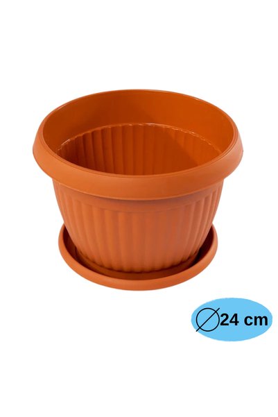 LYOBEST Ghiveci rotund din plastic cu farfurie, maro teracotă, 24 cm
