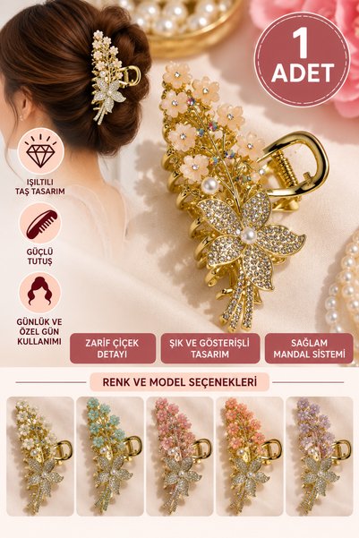 ALL FAST Çiçek Buketli Taşlı Mandal Saç Tokası – Gold Renk Metal, İnci Detayl...