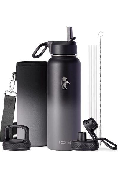 Coolflask زجاجة ماء معزولة مع 3 أغطية، سعة 1.9 لتر، لون ساموراي سين