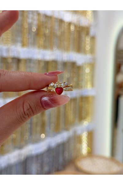 SU PERİSİ TAKI BİJUTERİ Adjustable Gold Red Zircon Stone Heart Ring