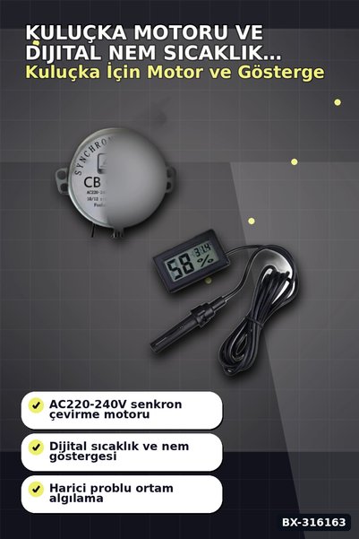 Eco Lounge Kuluçka Motoru 50 TYZ 10/12 RPM Viyol Çevirici ve Problu Dijital Nem Sıcaklık Ölçer Seti BX-316163