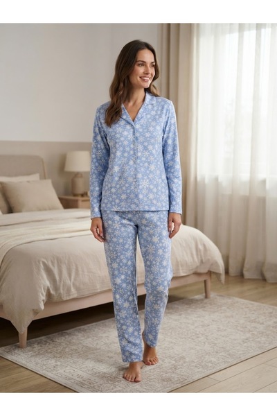 Glowzia Women's Plus Size Long Sleeve Buttoned Patterned Pajama Set up to 5XL