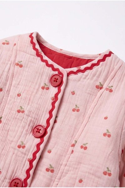 Magu Girl's Muslin Cherry Patterned Pink Buttoned Jacket