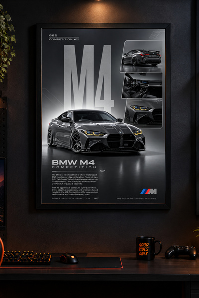 Kessy Home Studio BMW M4 Siyah Gri Premium Çerçeveli Poster Tablo Hediyelik G...