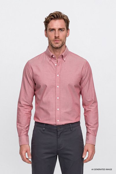 AC&Co / Altınyıldız Classics Erkek Kırmızı Pamuklu Yumuşak Dokulu Flanel Slim Fit Dar Kesim Düğmeli Yaka Gömlek