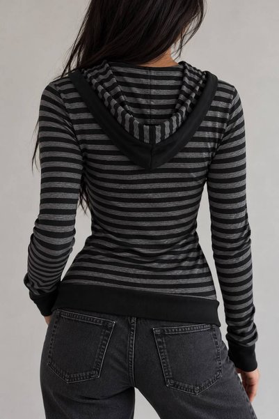 ARS Butik بلوزة قصيرة بأكمام طويلة وقلنسوة مخططة باللون الأسود الأنثراسيت على الطراز القوطي Y2K
