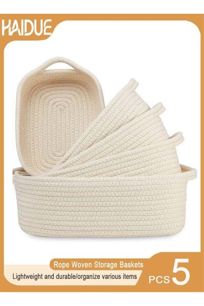 Haidue 5Pcs Cotton Rope Woven Storage Baskets With Handles Nesting Organizer ...