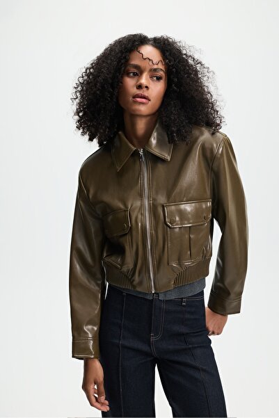 LEFTIES KADIN Crop suni deri ceket