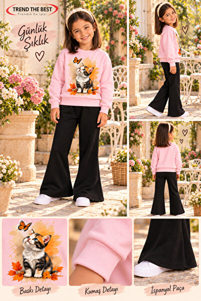 TREND THE BEST Trendin En İyisi Winter, Spring, and Autumn Girls' Black Spanish Flared Bottoms and Pink Sweat Top