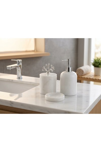 Polen Stone Natural Stone 1. Class White Marble 3-Piece Bathroom Set - Silver Detailing & Coral Accessories Product Description:
