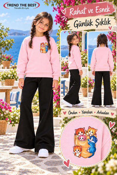 TREND THE BEST Trendin En İyisi Winter, Spring, and Autumn Girls' Black Spanish Flared Bottoms and Pink Sweat Top