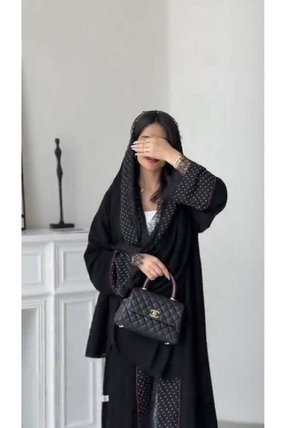 Rosana عباية بيان رسمية سوداء قصة بليزر بياقة منقطة واكمام مزخرفة طقطق كامل