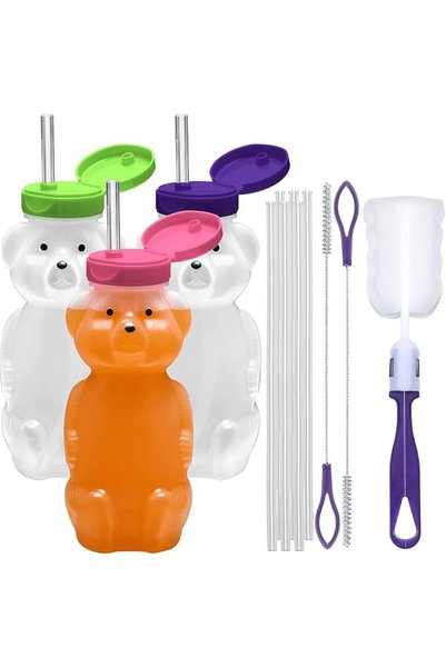 SCIENISH Juice Bear Bottle Drinking Cup with Long Straws, 3 Pack, Squeezable ...