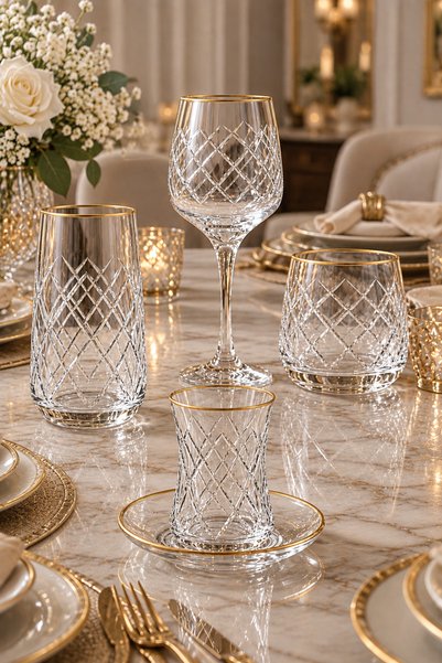 sglass 6 Kişilik 30 Parça Kare El Dekor Gold Su Takımı, Bardak Seti