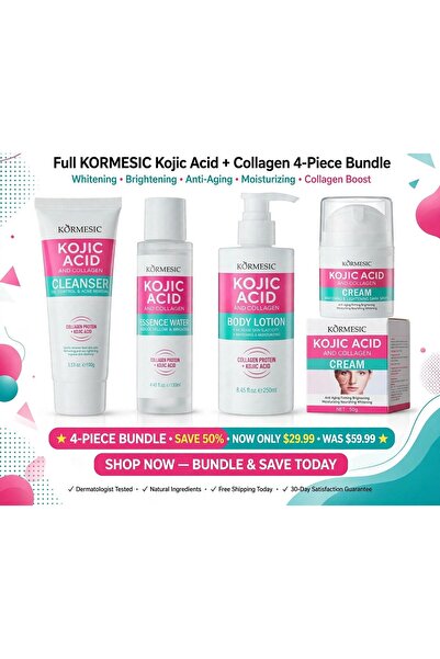 Kormesic Kojic Acid 4-in-1 Skincare Set – Brightening Face Cream, Body Lotion, Facial Cleanser Water