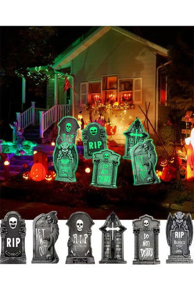 GGEROU 6 Pieces Halloween Tombstones Decorations and 12 Plastic Stakes Hallow...