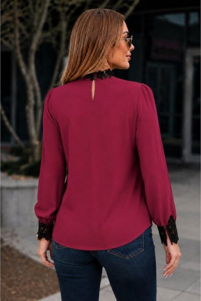MYSSHOES Women's Long Sleeve Semi Turtleneck Lace Detailed Sandy Blouse