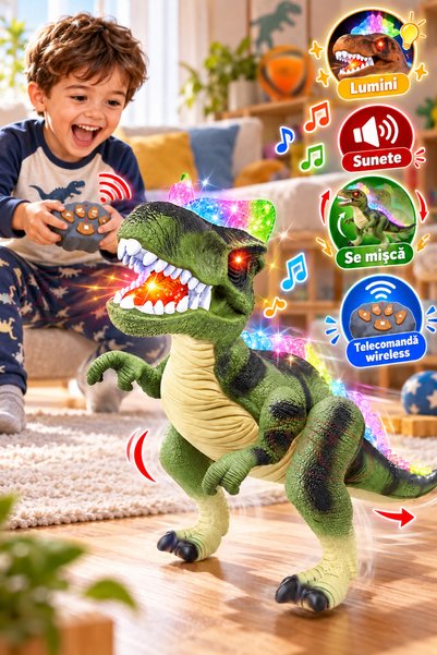 RCO Dinozaur interactiv Dilophosaurus cu telecomanda, lumini, sunete si misca...