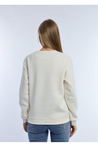 QUHOX Kadın Ekru Siyah 2’li Şardonlu Nakışlı Sweatshirt Seti