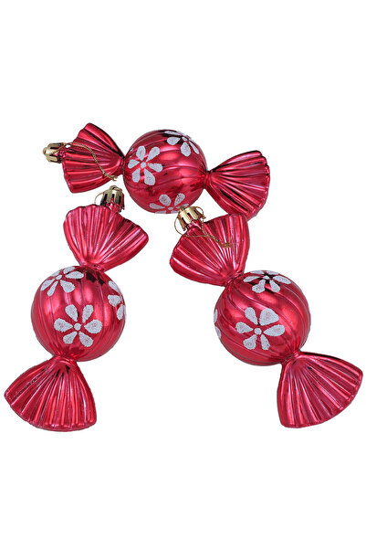 Generic Brand Set 3 globuri, bomboana cu floricele, 12 cm, rosu