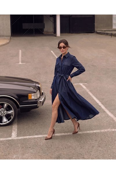 Womengrom Women's Dark Navy Blue 100% Cotton Denim Jeans Dress Belted Long Flared Shirt Dress