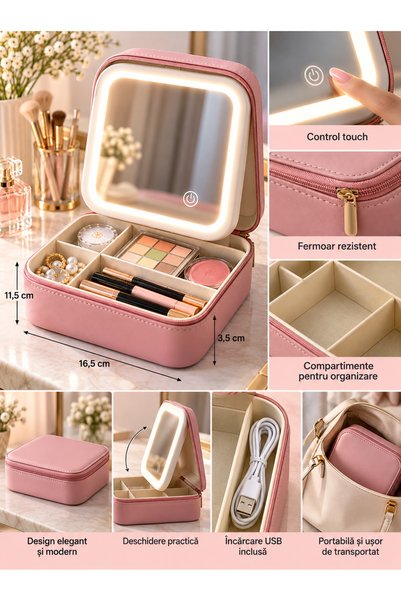 OEM Organizator Machiaj cu Oglinda LED, 3 Moduri de Iluminare, Portfard pentru Cosmetice si Bijuterii, Control Tactil, USB, Roz
