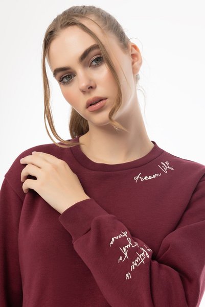 QUHOX Kadın Siyah Bordo 2’li Şardonlu Nakışlı Sweatshirt Seti
