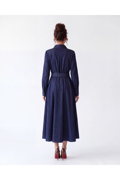 Womengrom Women's Dark Navy Blue 100% Cotton Denim Jeans Dress Belted Long Flared Shirt Dress