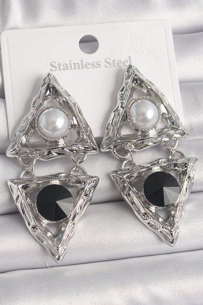 BlackCraft Brass Silver Color Dangle Triangle Model Pearl Detail Women's Earr...