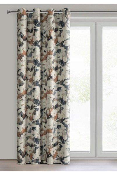 Eurofirany Perdea AMBRA decorativa, semitransparenta, cu imprimeu floral elegant bej si bleumarin, cu inele, dimensiuni 140x250 cm, perfecta pentru living, dormitor, bucatarie moderna