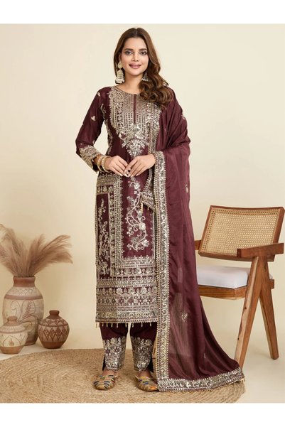 MYSMAR Brown Chinon Embroidered Three-Piece Suit Set - FFT102117 | Brown-Size...