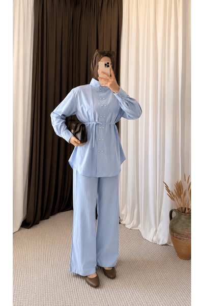 Hepsi Moda Double Buttoned Shirt and Trousers Set - 21566 - Baby Blue