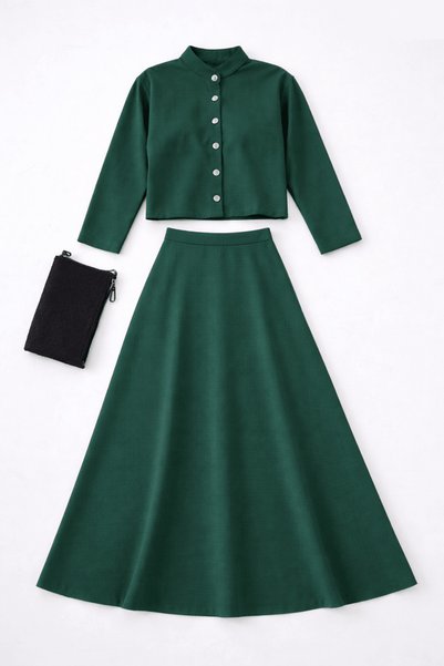 Hepsi Moda Crop Jacket and Skirt Set - Hpm - Green