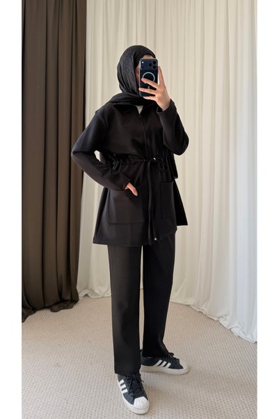 Hepsi Moda Double Pocket Zippered Scuba Pants Set - 24002 - Black