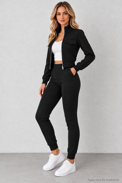 moda wanilia Kadın Uzun Kollu Dik Yaka Önü Fermuarlı Cep Detaylı Kısa Modal Ceket ve Yüksek Bel Dar Kesim Pantolon İkili Takım Günlük Şık Spor Takım