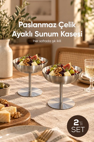 Vienev 2'li 170 ml Paslanmaz Çelik Ayaklı Sunumluk Tatlı Dondurma Kasesi