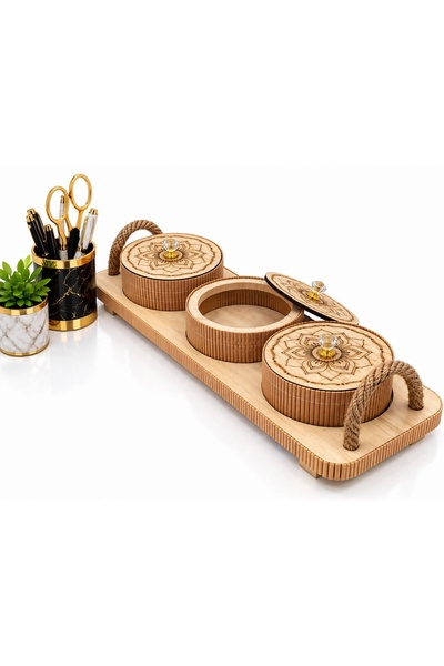 Generic Brand > *طقم تقديم بامبو فاخر 4 قطع - 3 علب دائرية بغطاء خشب محفور من...