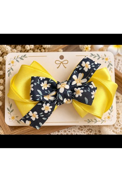 zamansız takı 🎀   Yellow Satin and Daisy Patterned Double Layered Bow Hair Clip