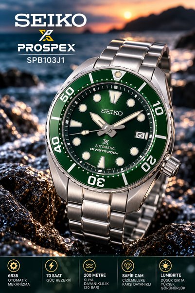 Seiko Prospex SPB103J1 Erkek Kol Saati Otomatik Dalgıç Saati 200 Metre Safir Cam Yeşil Kadran Çelik Kordon