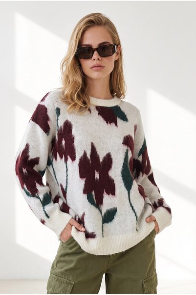 Olalook Women's Bone Burgundy Floral Striped Oversize Knitwear Sweater Kzk-19...