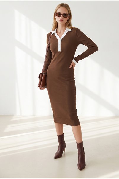 Olalook Women's Brown Collar Detailed Buttoned Cotton Camisole Dress Elb-1900...
