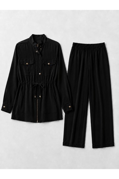 Hepsi Moda Pants Suit with Pockets and Drawstring Waist - 7317 - Black