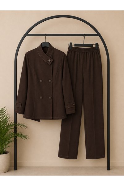 Hepsi Moda Double Buttoned Suit with Detailed Stitching - Bitter Brown