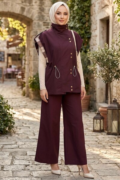 TOFİSA Düğmeli Oversize Paraşüt Takım Mürdüm - 29026-MURDUM