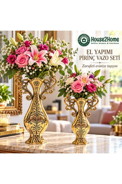 HOUSE2HOME El Yapımı Pirinç Vazo Seti – İşlemeli Dekoratif İkili Vazo Takımı