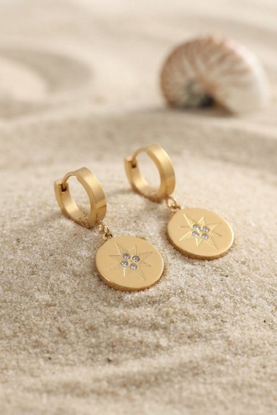 BlackCraft Steel Gold Color North Star Engraved Zircon Stone Women's Earrings