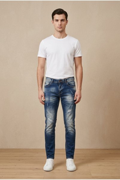 OEM Blugi barbati casual regular fit prespalati cu rupturi decorative pliuri ...