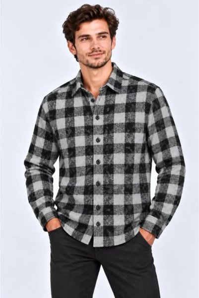Generic Brand Men's plaid checkered batik washed fleece long sleeve regular f...